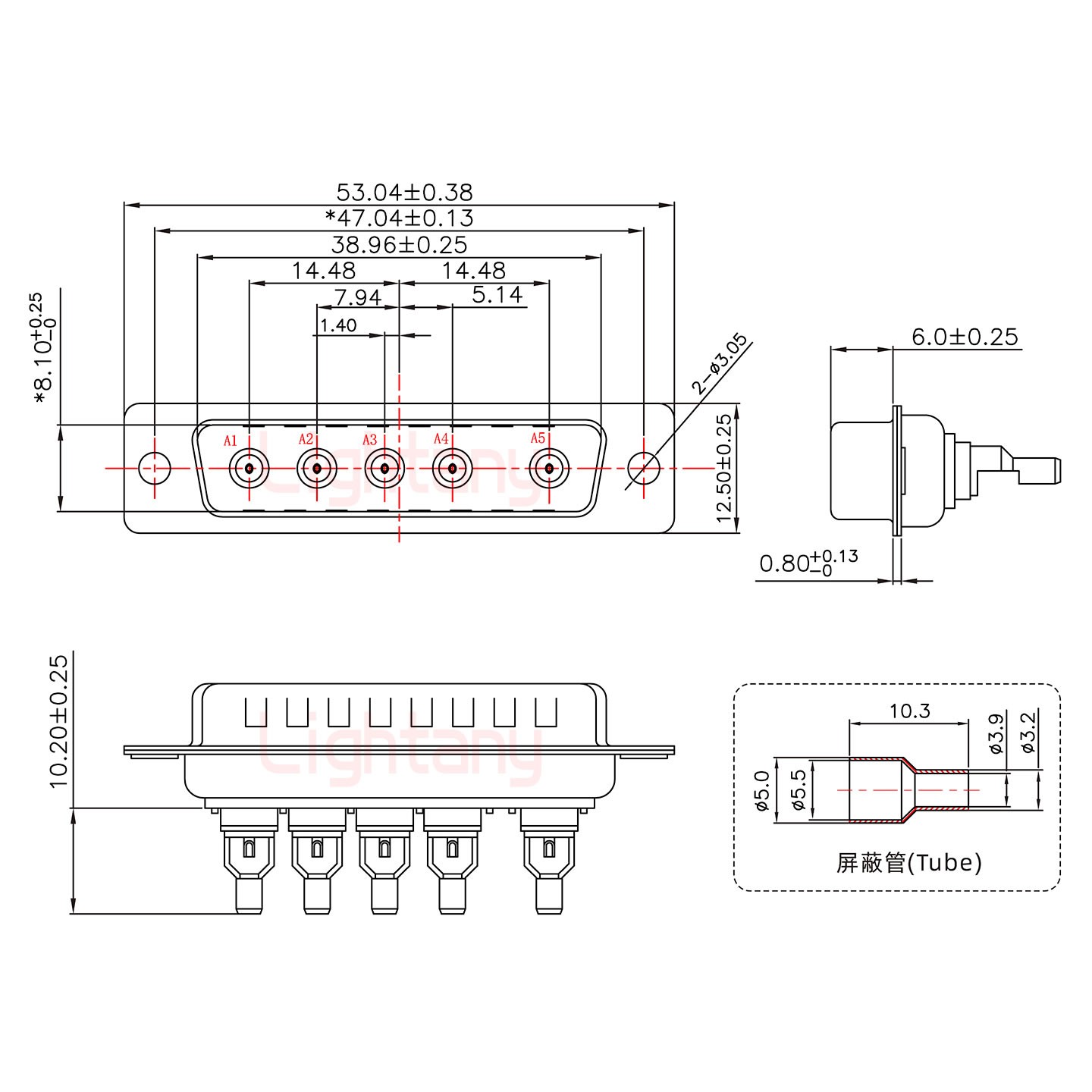 5W5公焊線(xiàn)式50歐姆+25P金屬外殼1657直出線(xiàn)4~12mm