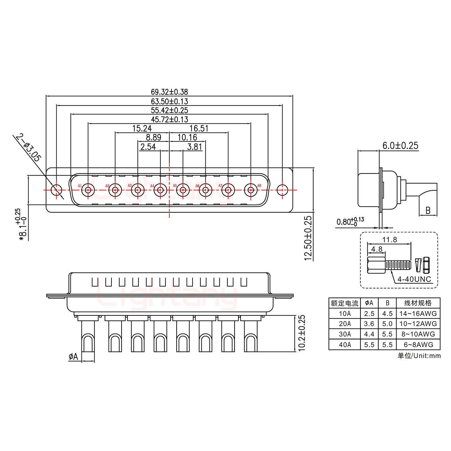 8W8公長(zhǎng)體焊線/配螺絲螺母/大電流20A