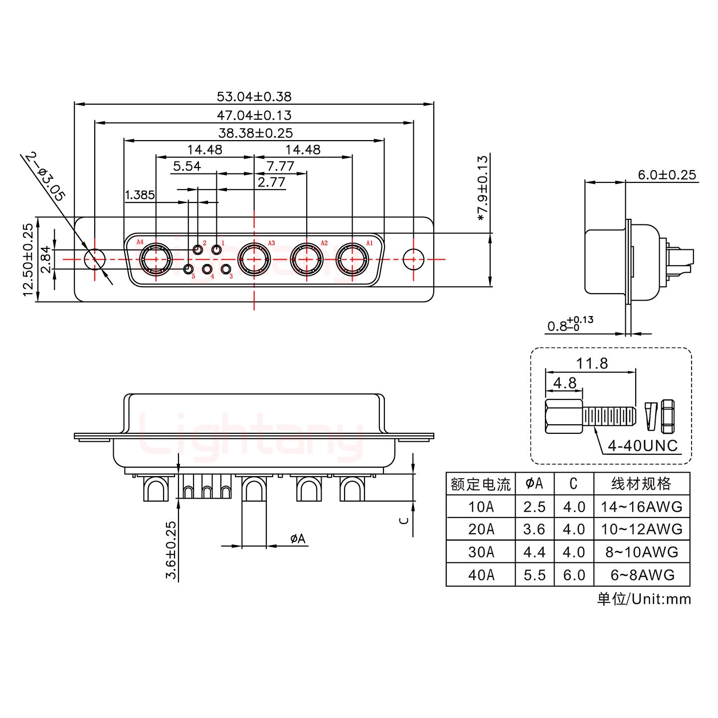 9W4母短體焊線(xiàn)/配螺絲螺母/大電流30A
