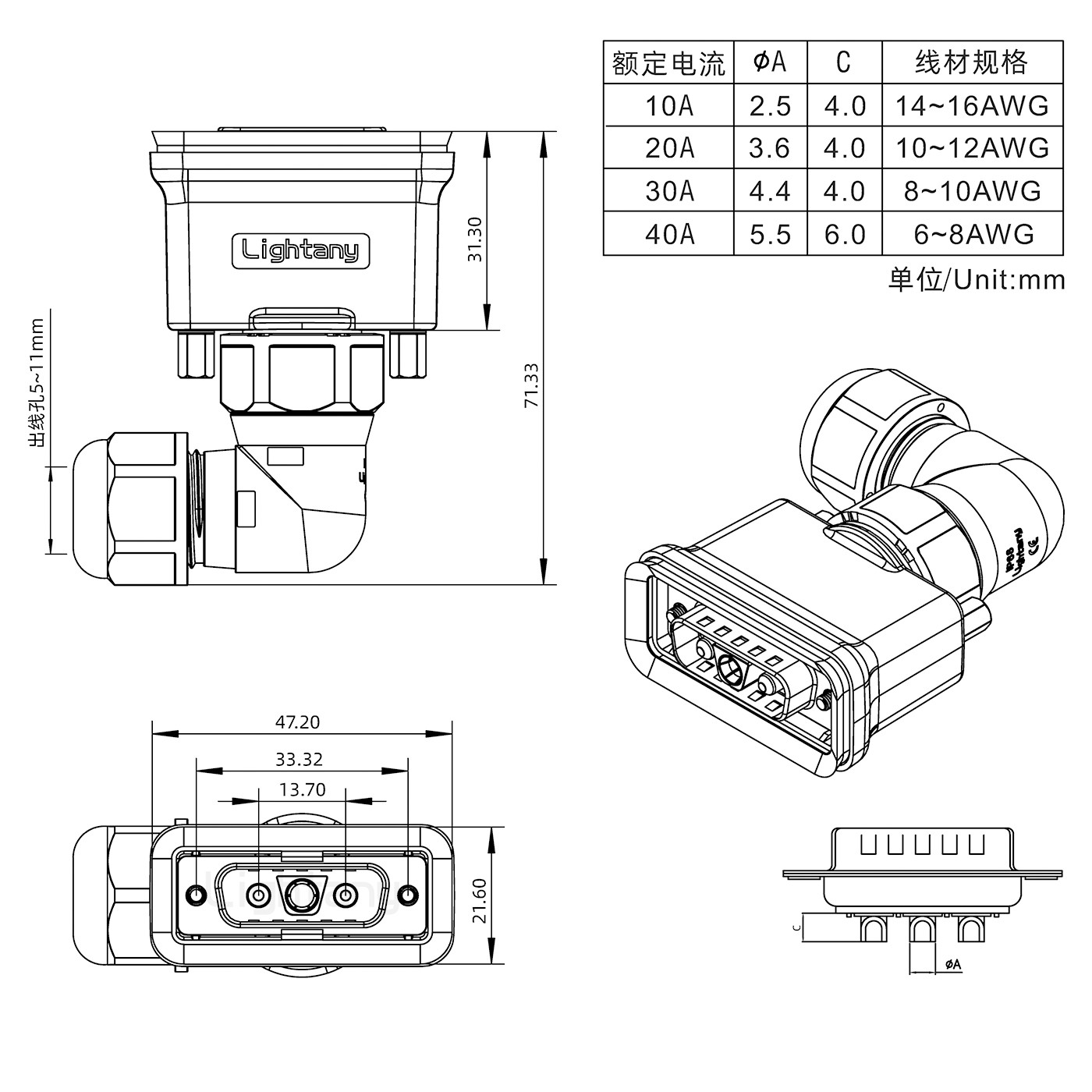 3V3公頭焊線(xiàn)+防水彎接頭/線(xiàn)徑5~11mm/大電流40A